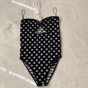 Zara, strapless bodysuit, L, black with white polka dots, sexy cut out and ring